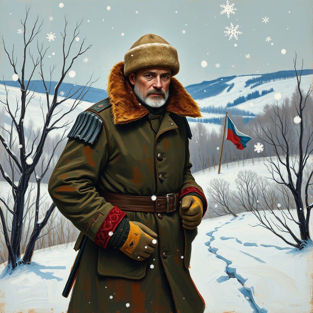 Winter Warrior in Frosty Russian Landscape