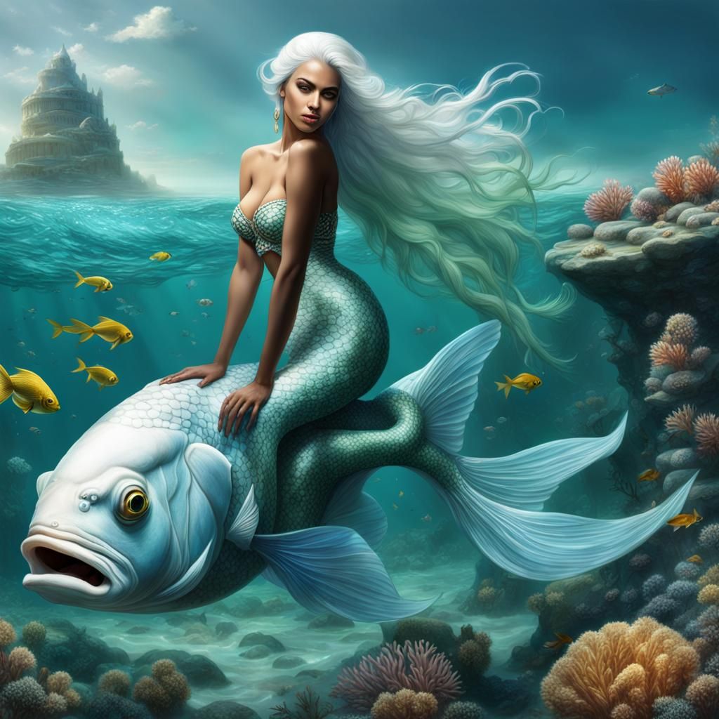 Arab Woman and Mermaid in a Fantastical Sea