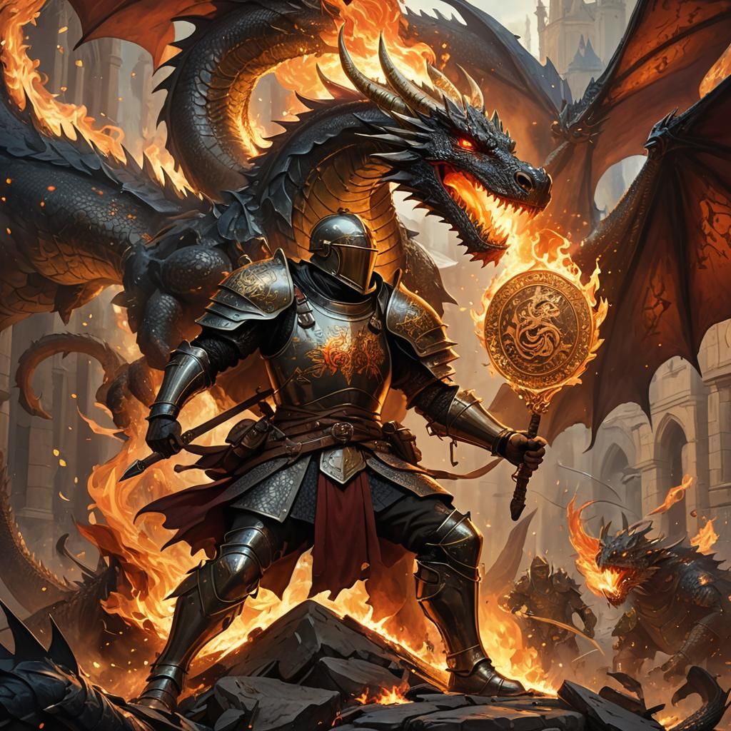 Medieval Soldier Versus Fire Dragon in Dark Fantasy Style