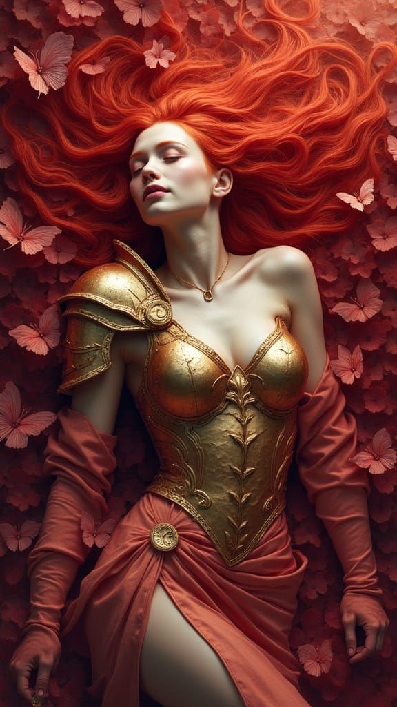 Mystical Warrior in Crimson Floral Dreamscape