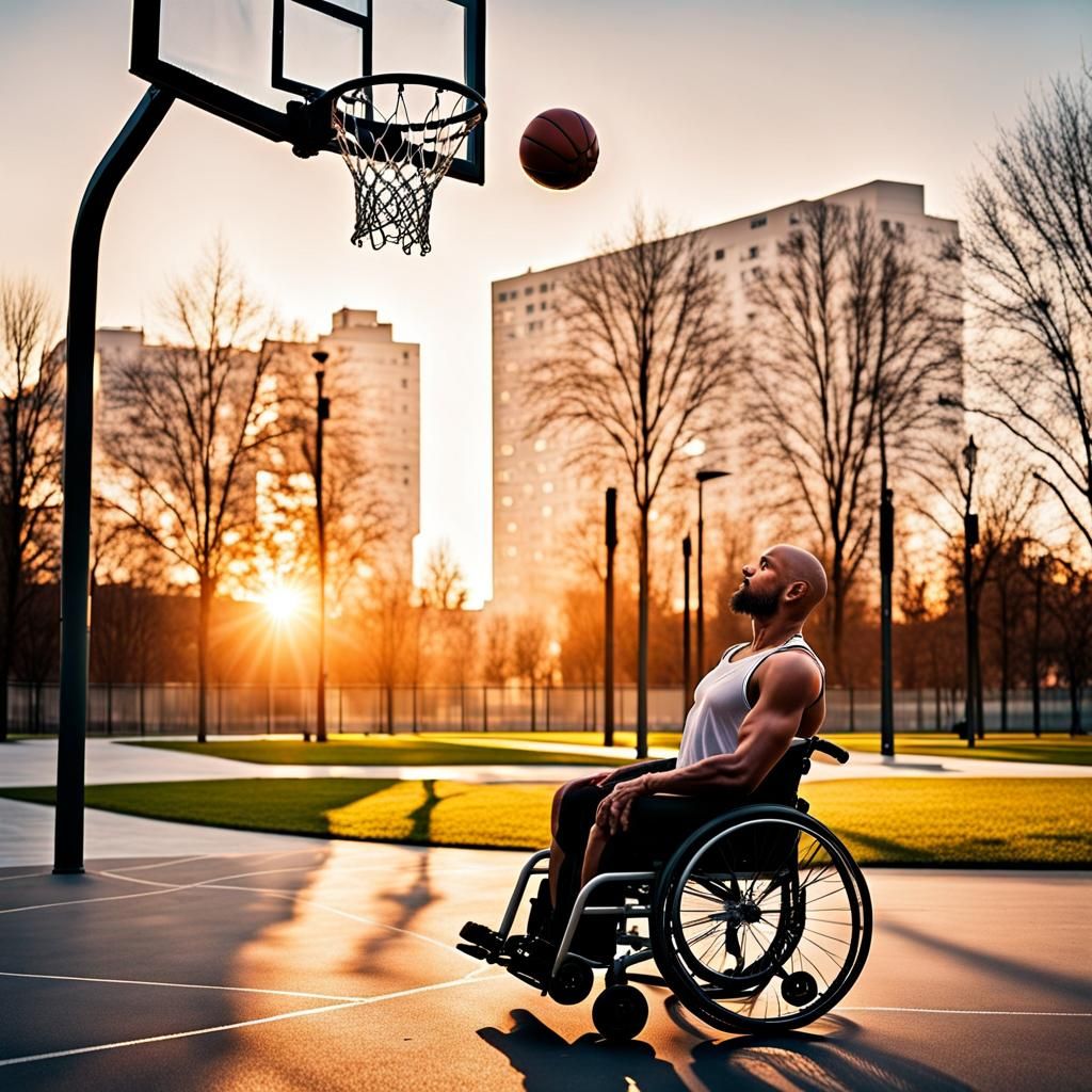 Muscular Man in Wheelchair Plays Basketball at Sunset