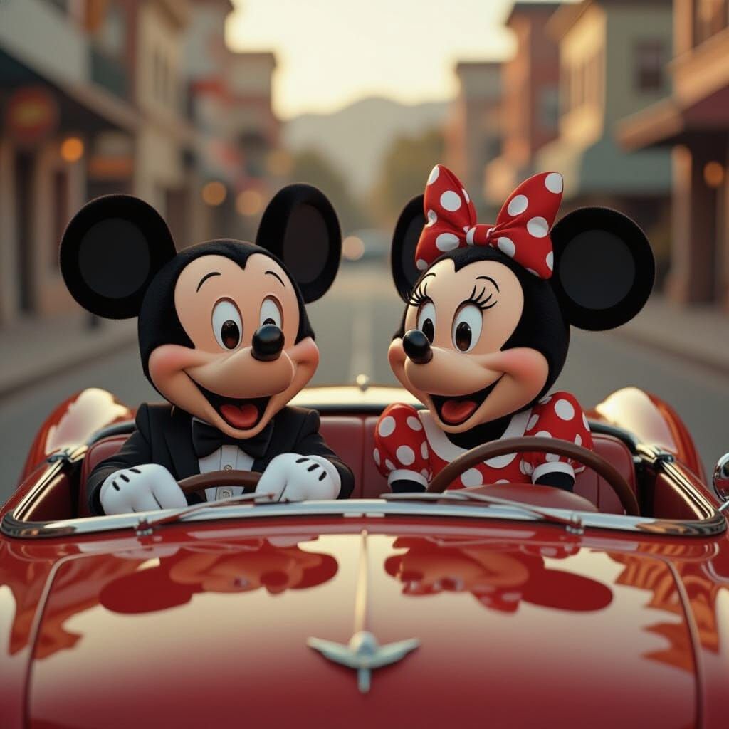 Mickey and Minnie in Vintage Car, Cinematic Style