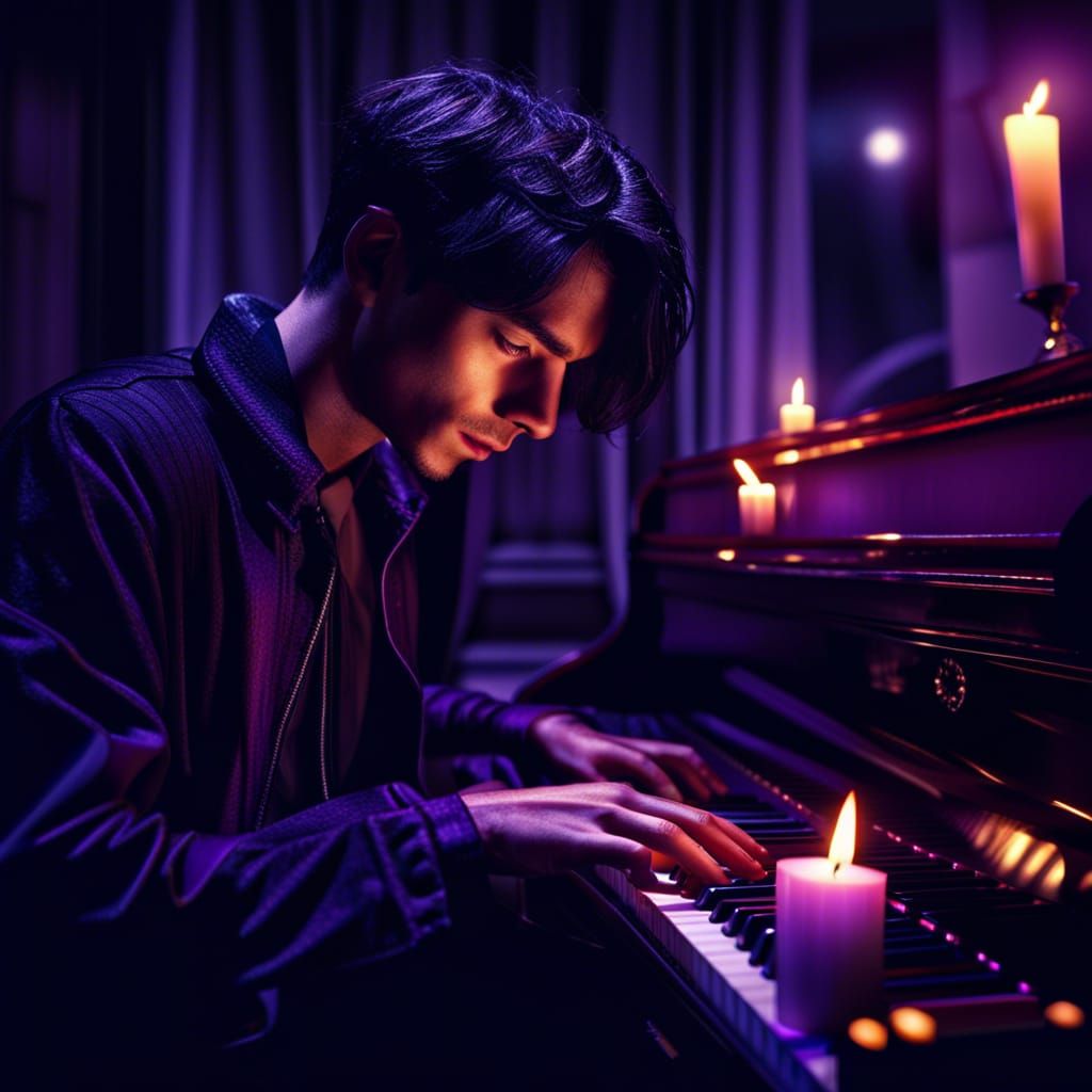 Piano Player with Cat in Purple Night