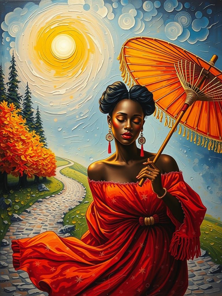 Autumnal Woman with Umbrella in Oil Painting Style