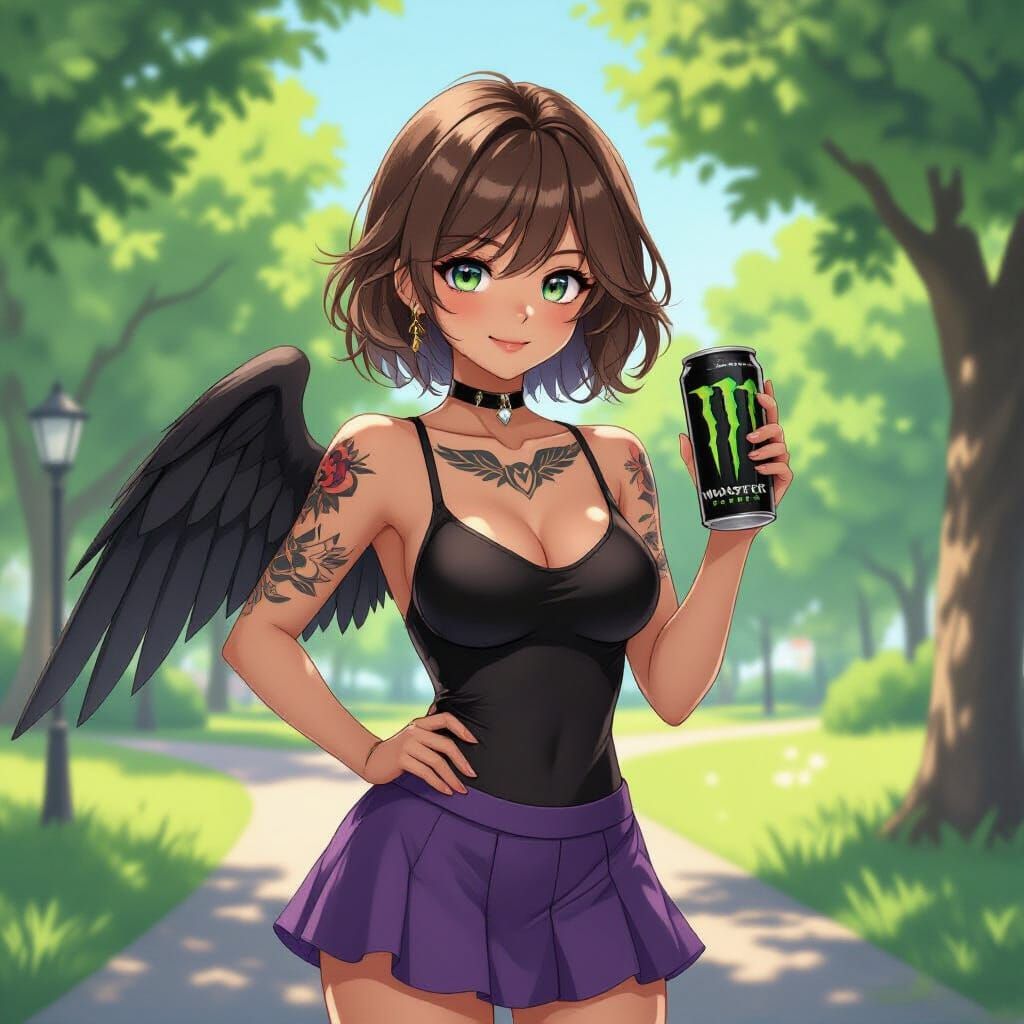 Anime Woman with Tattooed Wings in Summer Park