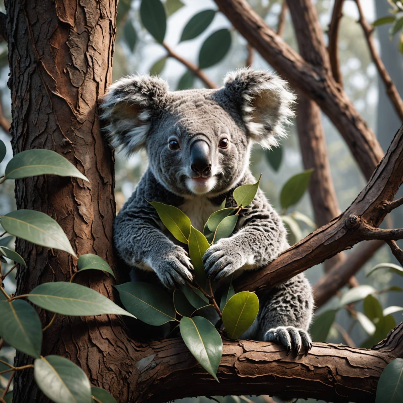 Koala in Eucalyptus Tree: Detailed Matte Painting