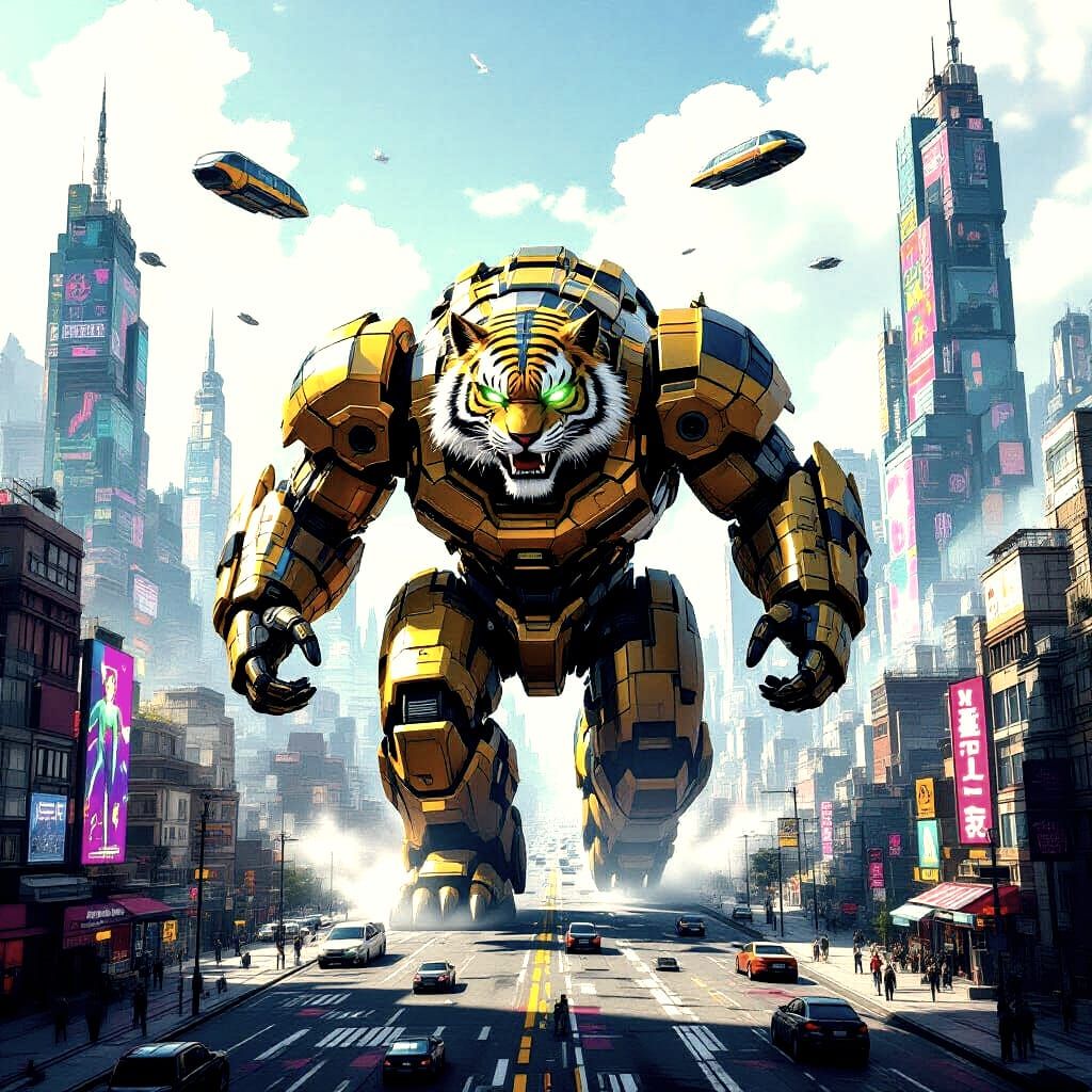 Golden Mecha Tiger in Futuristic Multi-Level City