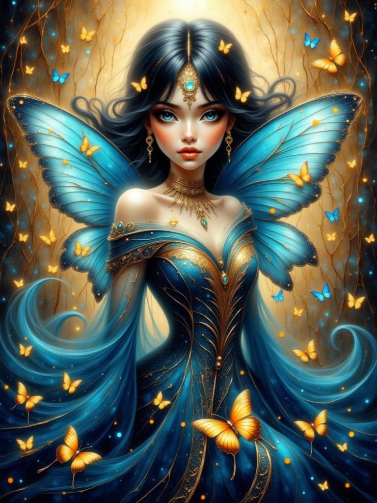 Ethereal Woman in Royal Blue Dress with Gold Emblems