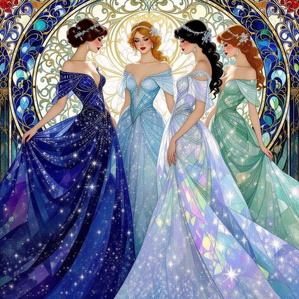 Elegant Women in Sparkling Crystal Glass Gowns