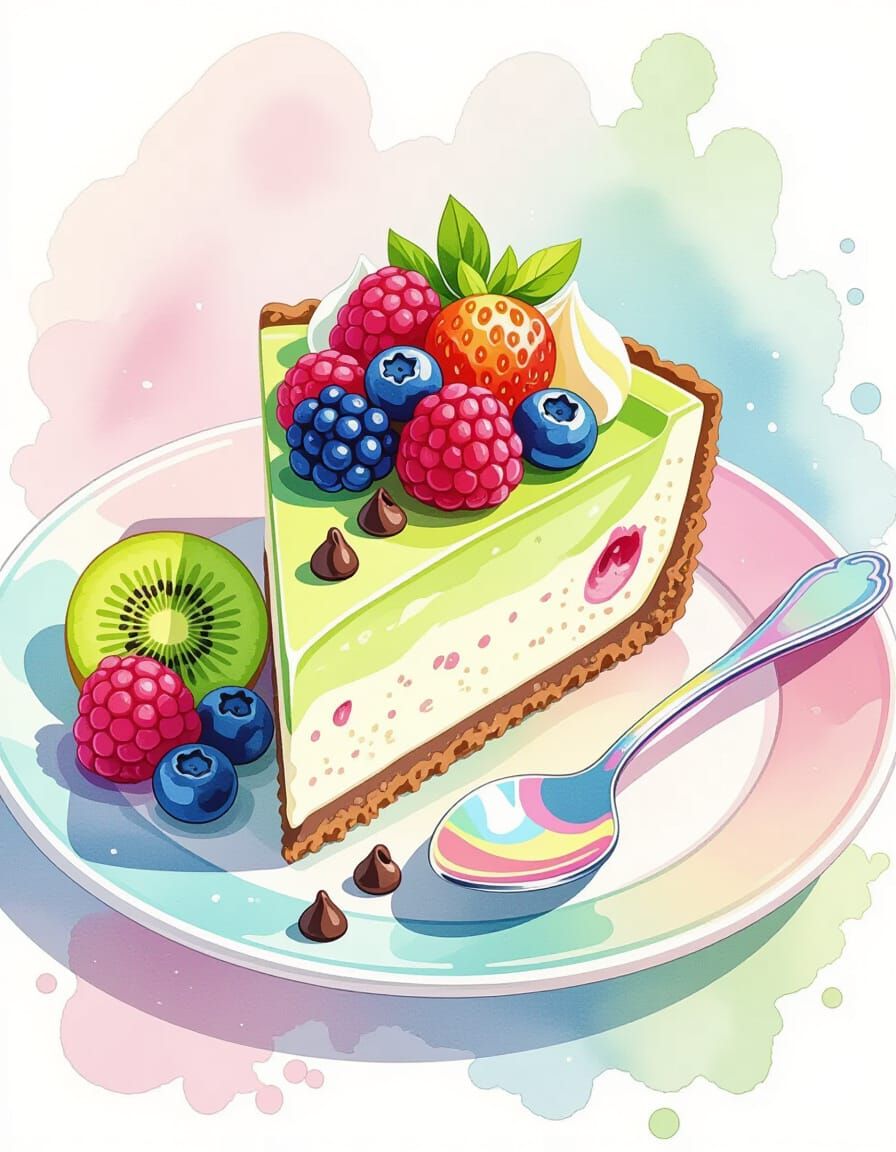 Matcha Cheesecake Slice in Watercolor Splash Art Style