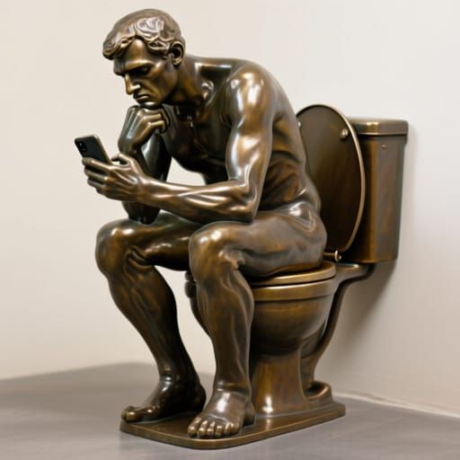 Bronze Statue Parody: Man on Toilet with Smartphone