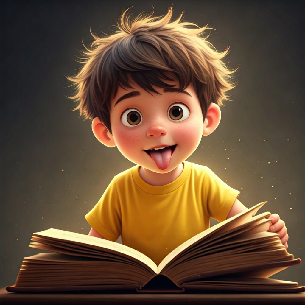 Whimsical 3D Boy Licks Vintage Book Pages