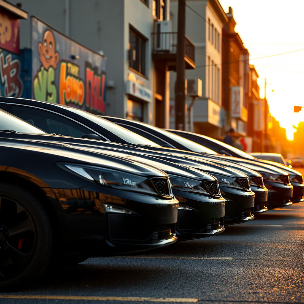 Black Cars Gleam at Sunset in Oakland