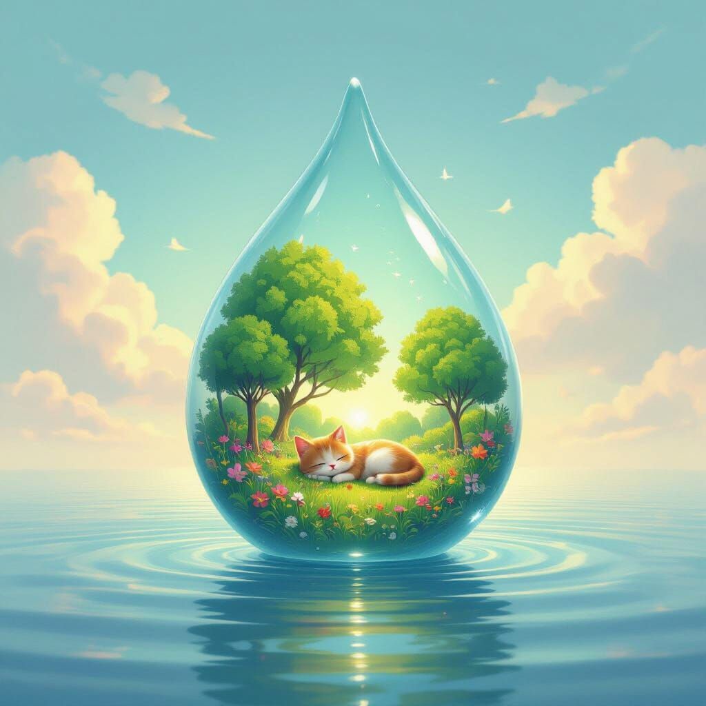 Cat Napping in Lush Grove Inside Giant Water Drop