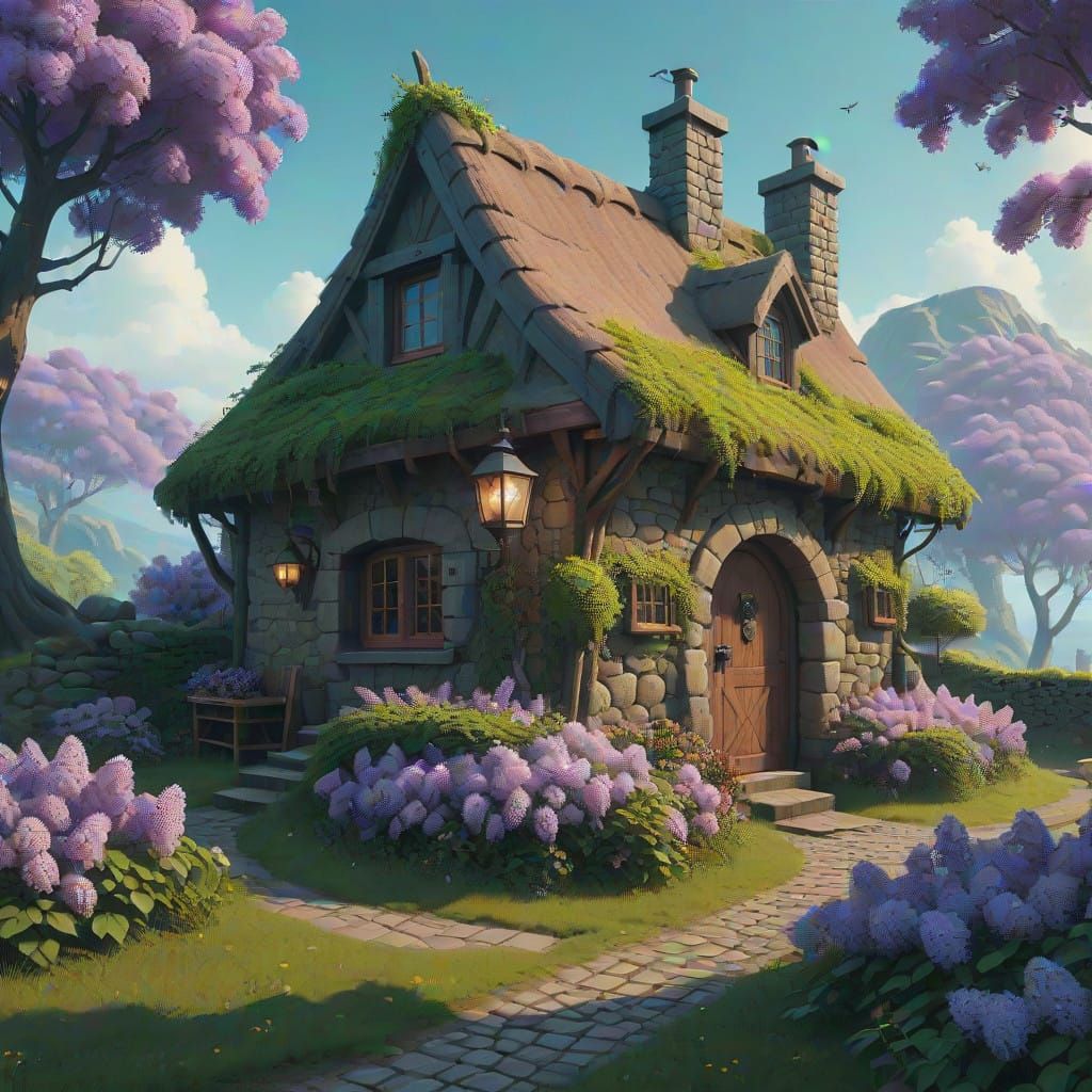 Medieval Cottage Scene in a Fantastical Landscape