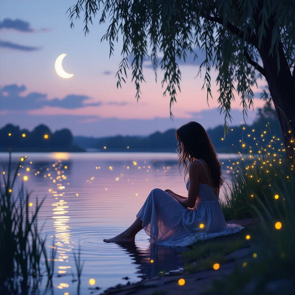 Twilight Lakeside Scene in Digital Art Style