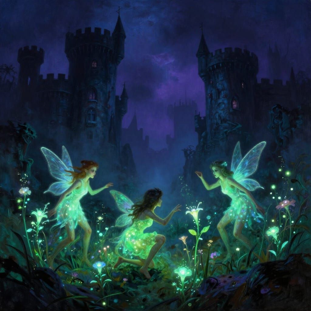 Bioluminescent Fairies Battle Between Dark Castles