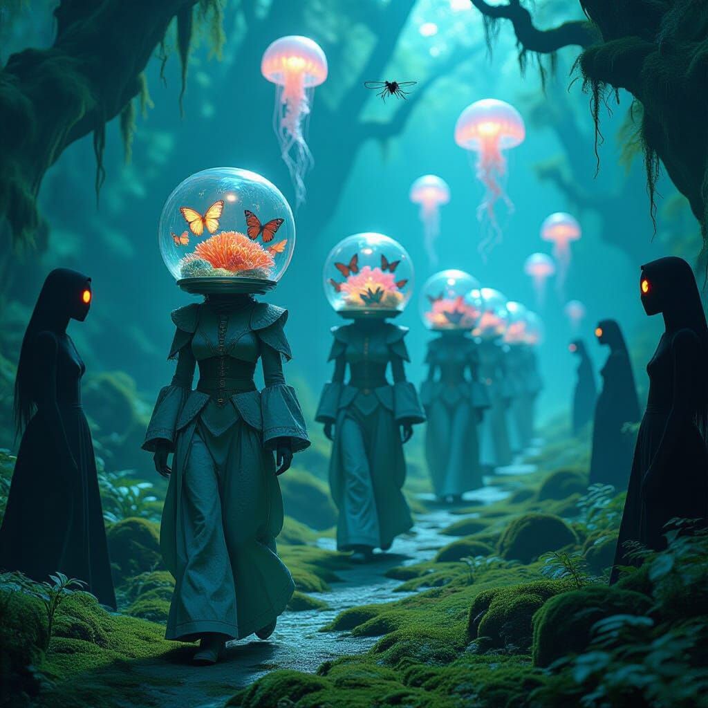 Avant-Garde Figures on Reptilian Runway in Glowing Forest