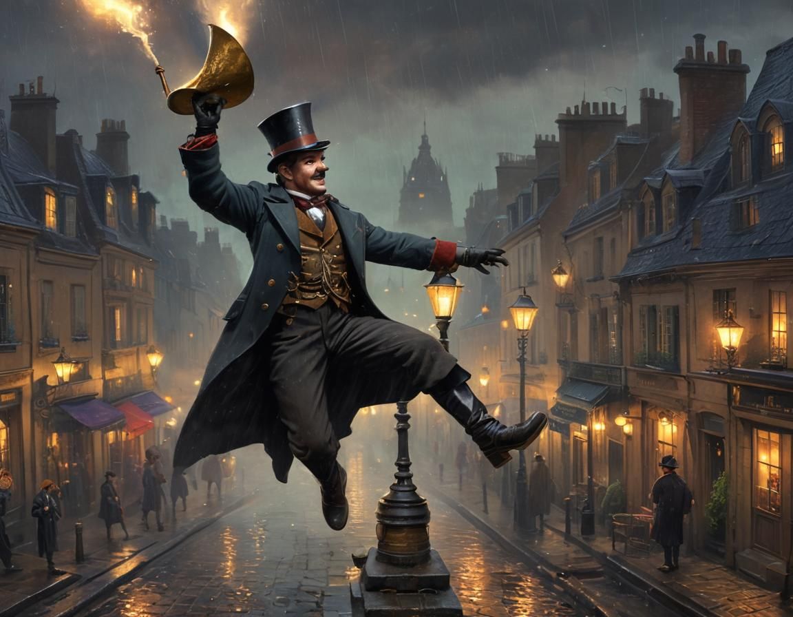 Steampunk Chimney Sweep Dances in Rainy Paris