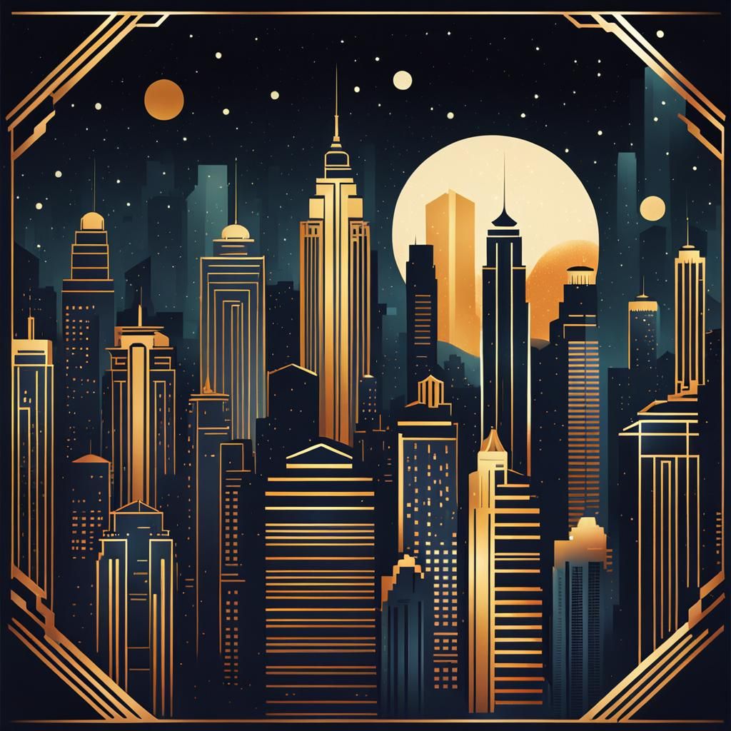 Art Deco Cityscape Illustration at Night