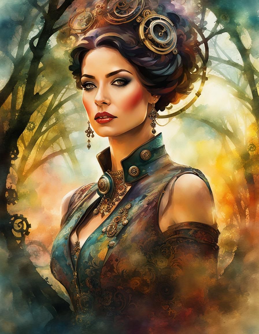 Steampunk Gothic Latina Woman in Forest Sunset