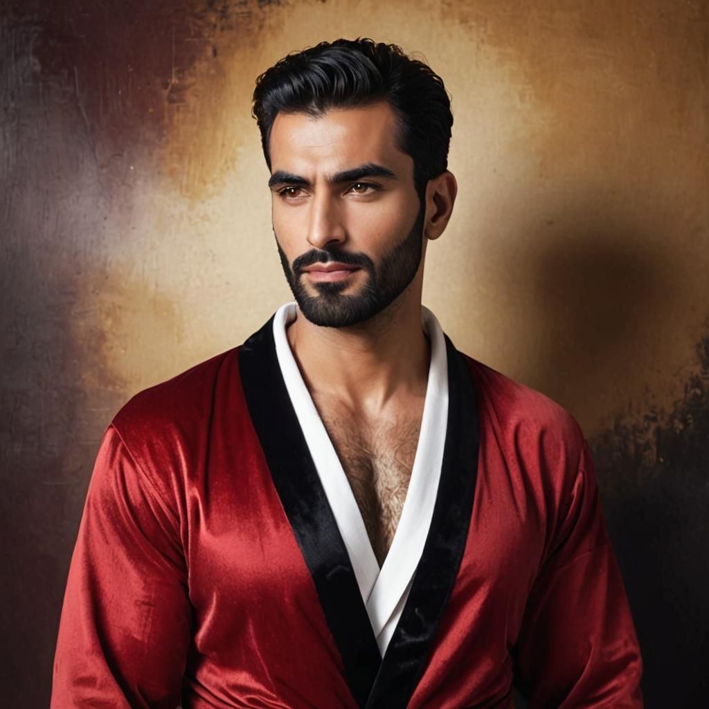 Hirsute Man in Red Velvet Bathrobe as Impasto Painting