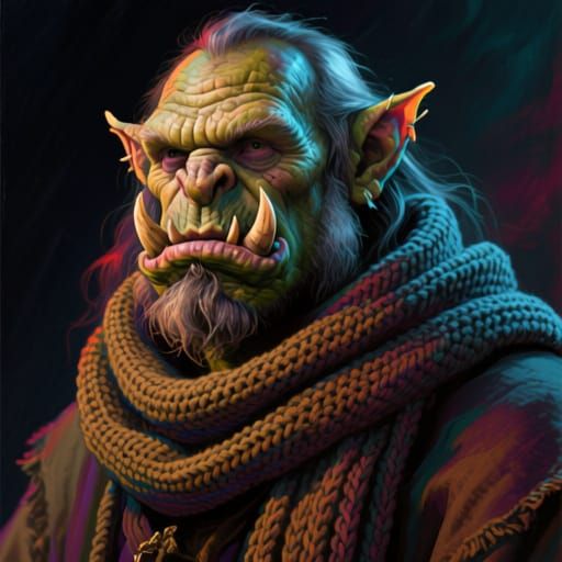 Grizzled Orc Ascetic with Knit Scarf in Dramatic Lighting