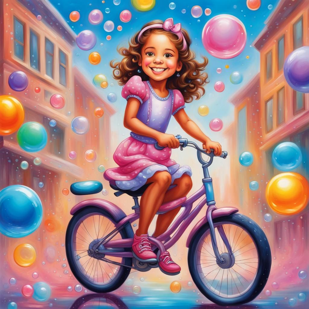 Princess on Bicycle Surrounded by Bubbles