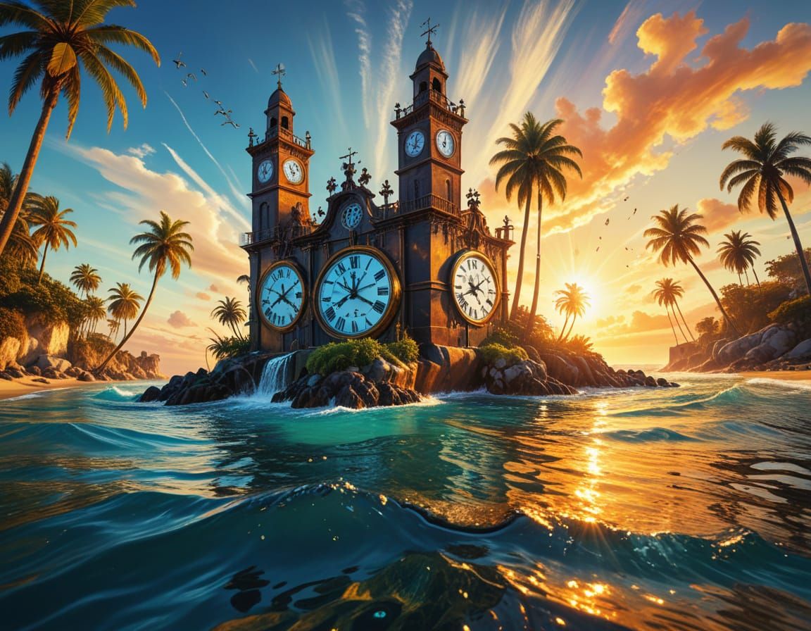 Surreal Island with Melting Clock Towers in Oil Paint