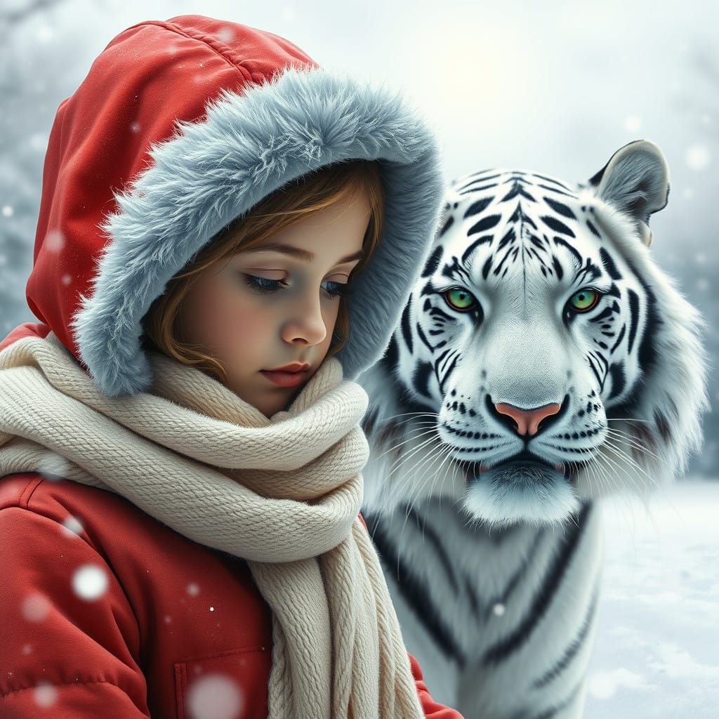 Girl in Crimson Coat Stands with Majestic White Tiger in Sno...