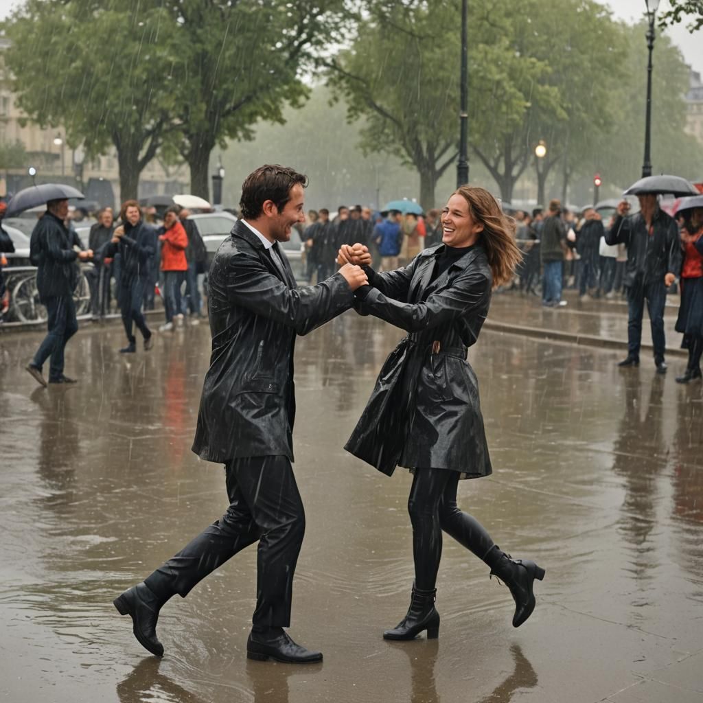 Couple Celebrates Olympics in Rainy Paris