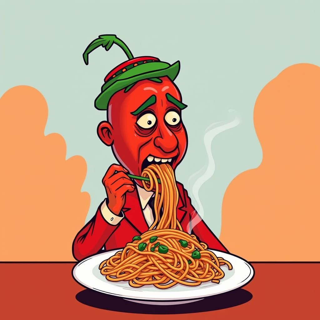 Whimsical Tomato Man Enjoys Spaghetti