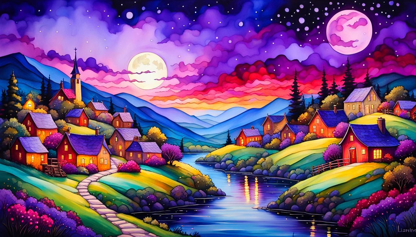 Starry Village Landscape Painting in Romanticism Style