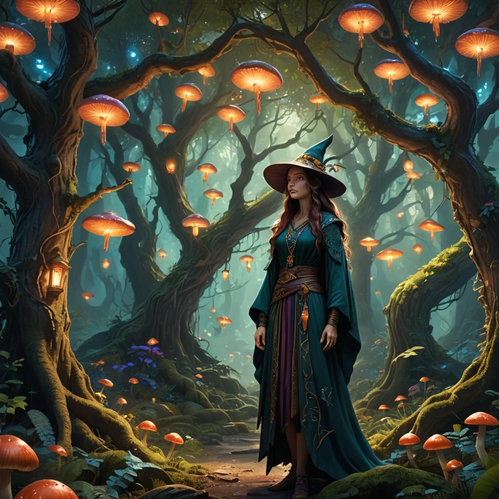 Mysterious Sorceress in Bioluminescent Forest: Fantasy Art