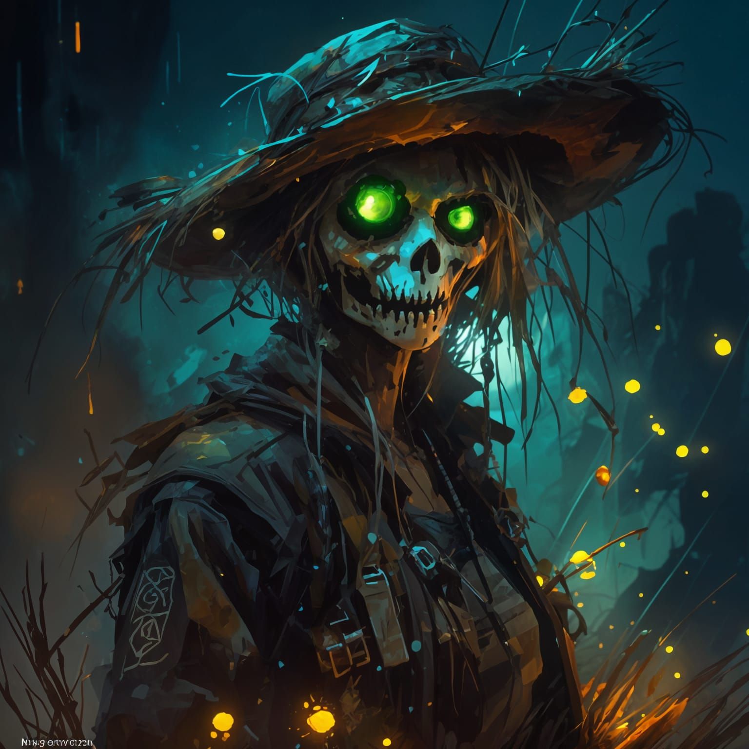 Malevolent Scarecrow in Starlit, Rainy Night