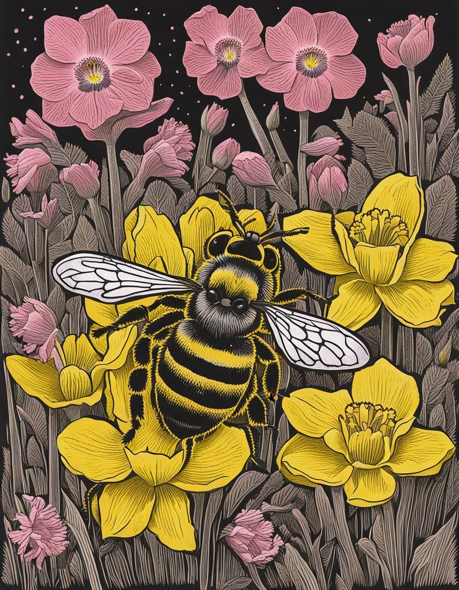 Linocut of a honeybee