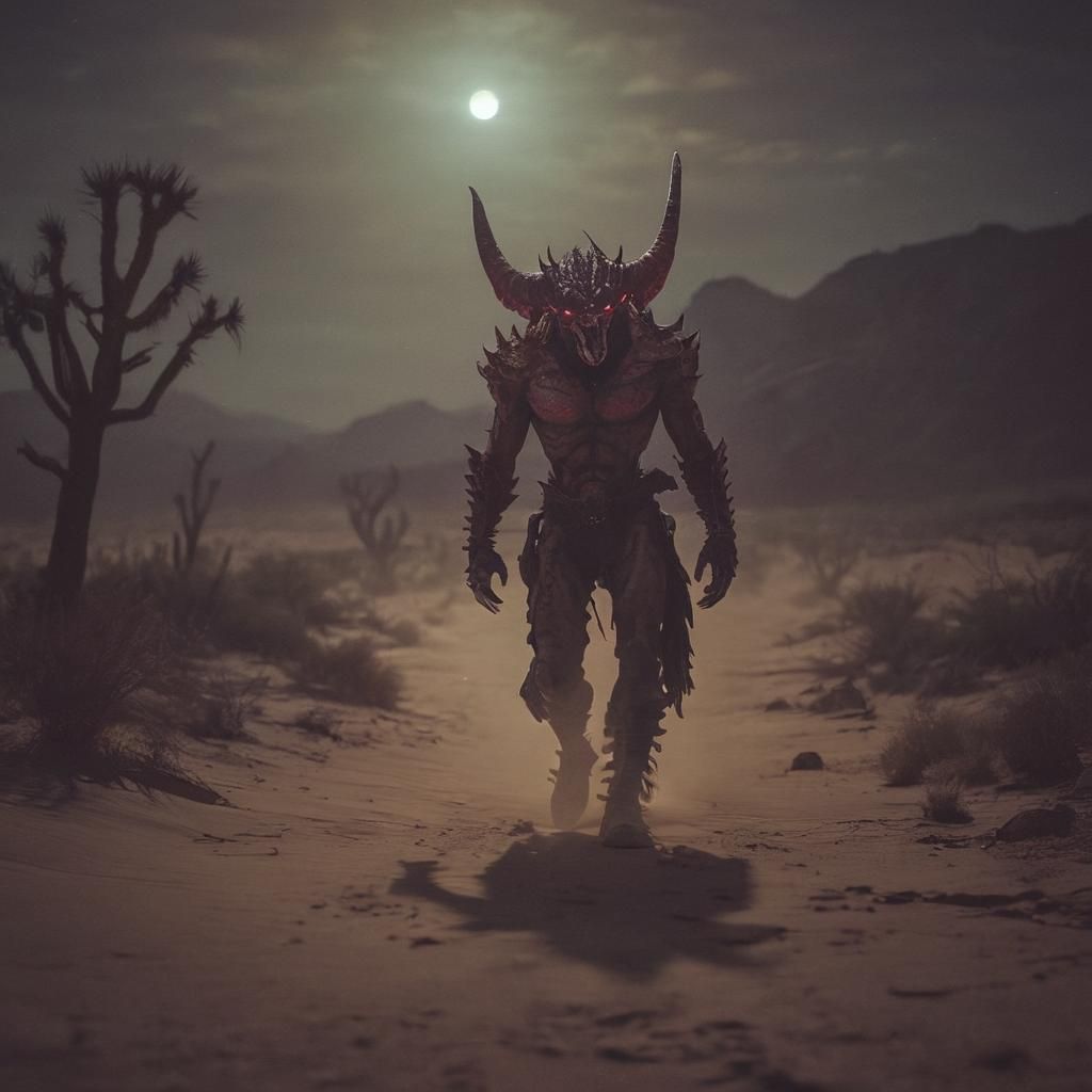 Dramatic Demon King Walks Desert at Night