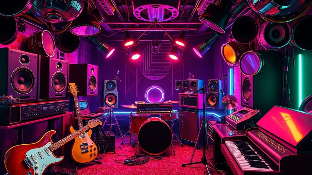 Vibrant Music Studio Filled with Instruments and Psychedelic...