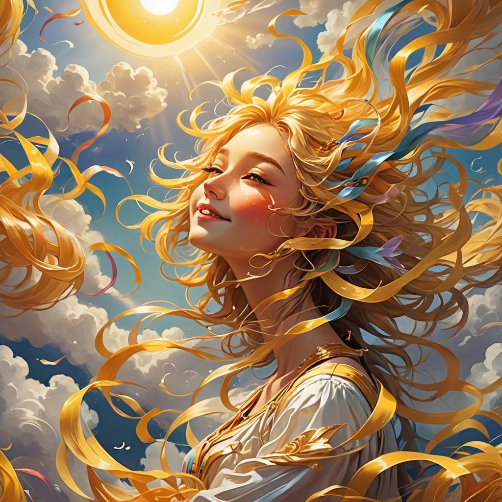 Whimsical Sun Character in Ribbon Fantasy Art
