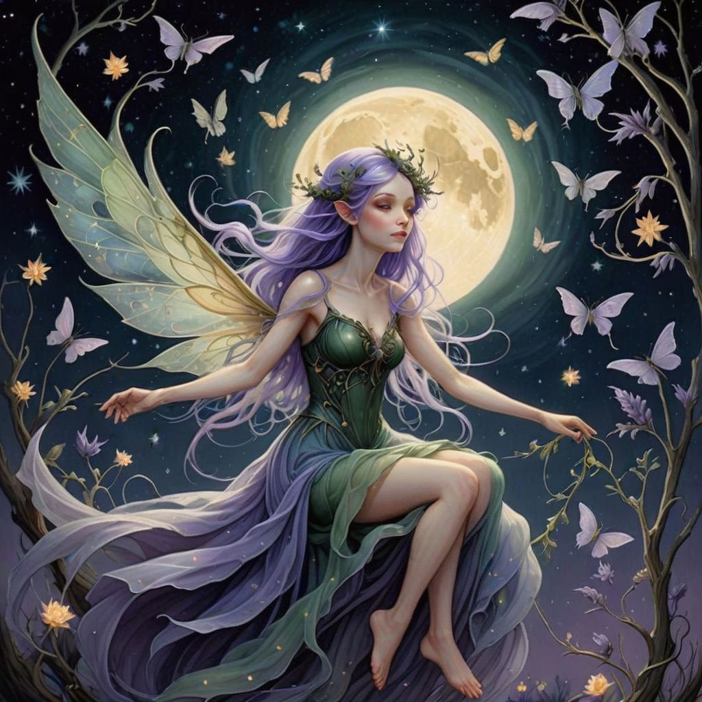 Ethereal Faerie Rides Starry Night Sky on Crow