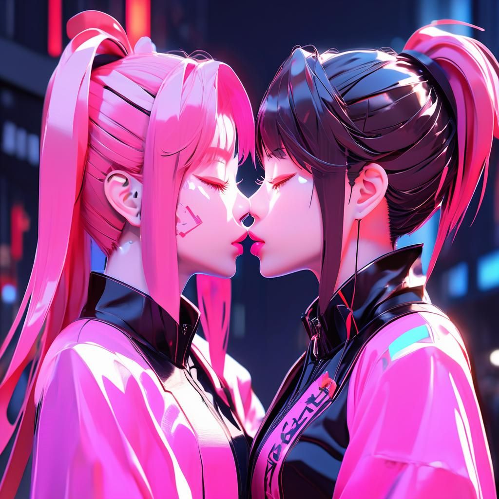 Anime-Style Kiss Between Two Girls