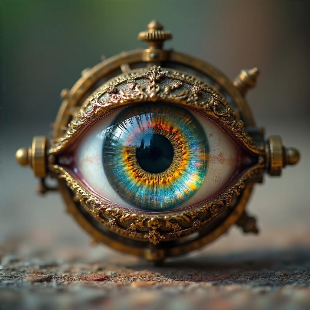 Ornate Mechanical Glass Eye with Prismatic Swirls