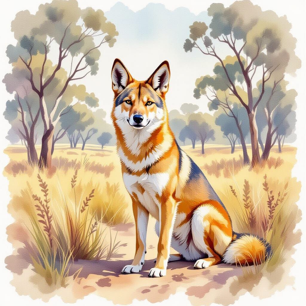 Dingo in Australian Plains: Watercolor Painting