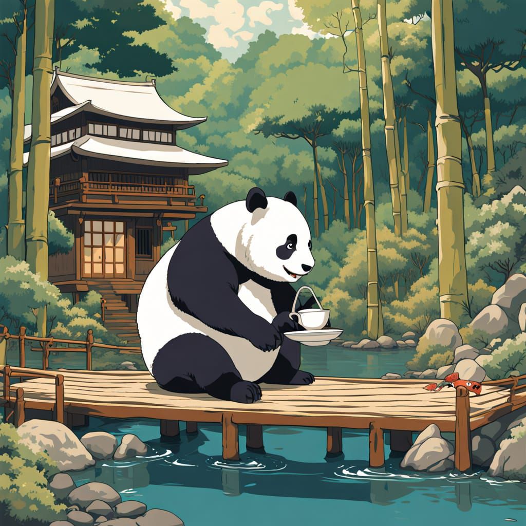 Japanese Tea House with Panda in Ukiyo-e Style