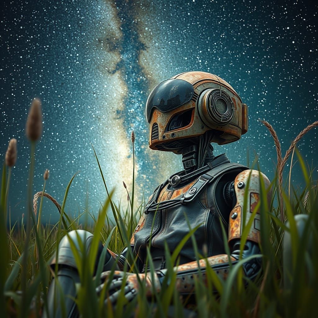 Robot Gazes at Milky Way, Hyperrealistic Fine Art