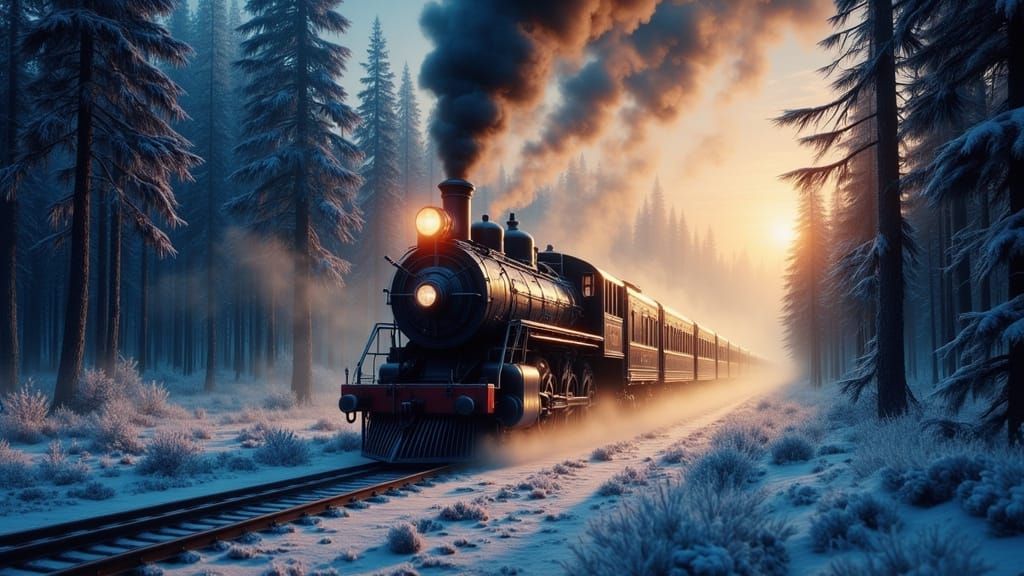 Vintage Steam Train in Snowy Forest Twilight