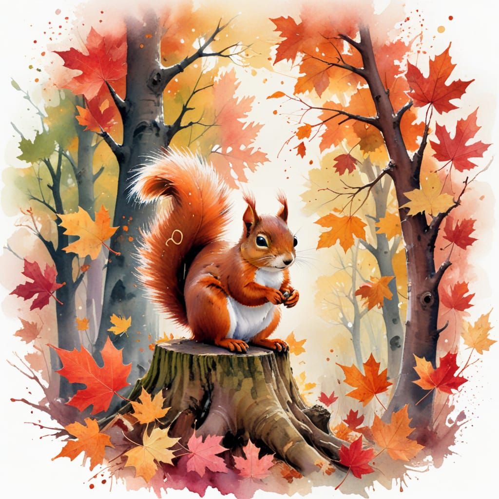 Squirrel Artist in Autumn Grove with Ruby Wash
