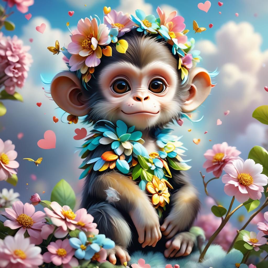 Enchanting Monkey Cub in a Pastel Fairy-Tale Landscape