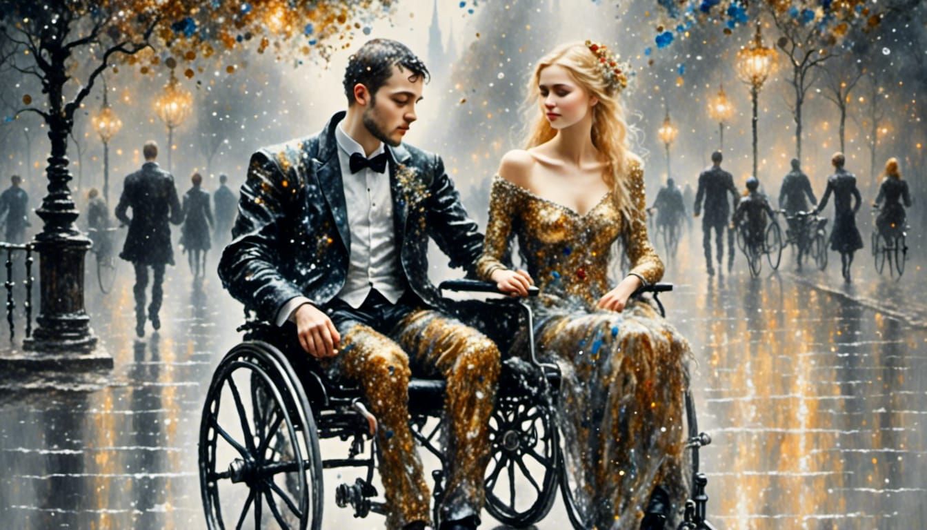 Disabled Couple in Love, Watercolour Impressionist Style