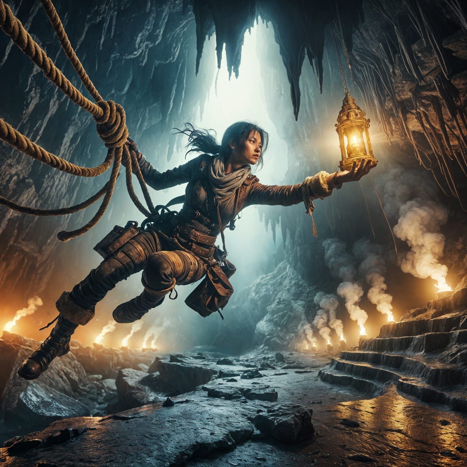 Explorer's Perilous Swing Through Subterranean Cave